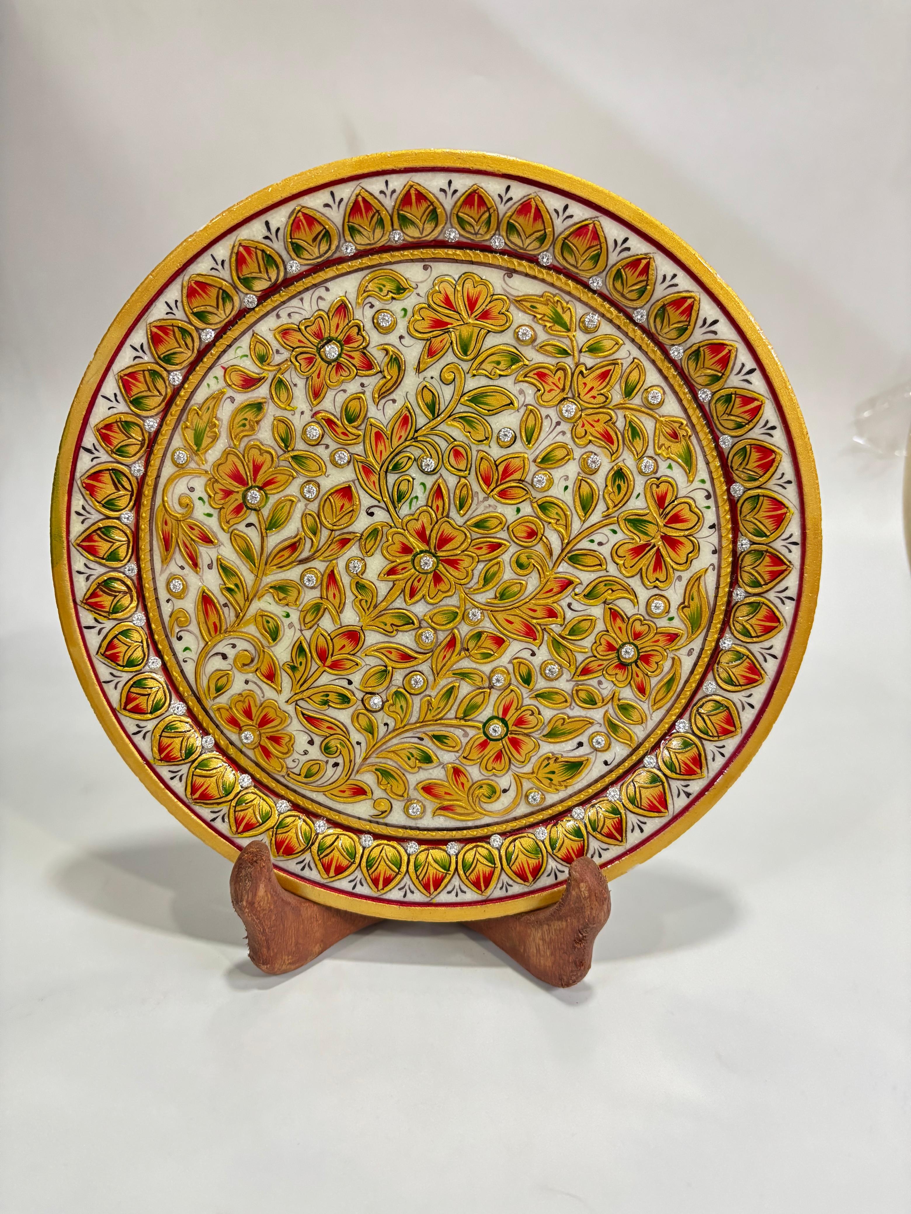DEHATIBAZAR  | Handcrafted Decorative Marble Plate with Floral Design | Gold and Red Pattern | Traditional Wall Art with Display Stand and packed in Velvet Box