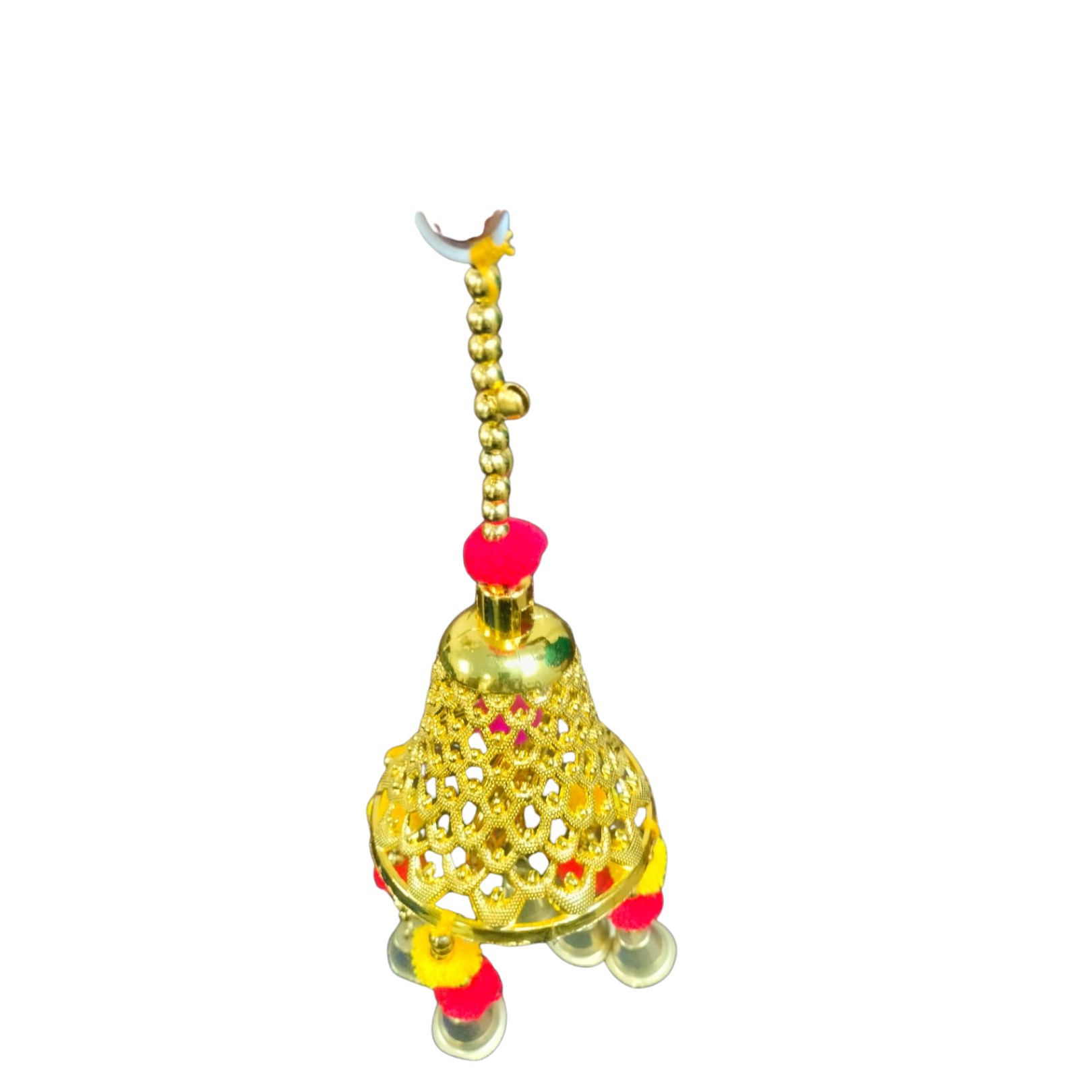 DEHATIBAZAR | Decorative Wind Chime Bell with Gold-Toned Lattice Design, Red and Yellow Pom Poms, Traditional Hanging Bells