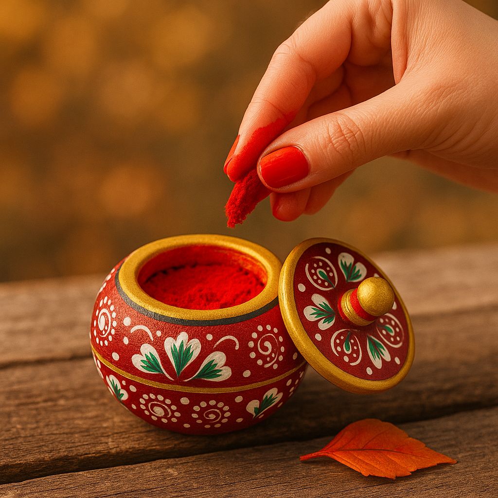 DEHATIBAZAR | Hand-Painted Marble Sindoor Dani | Round Red with Gold Trim | Traditional Floral Design | Decorative 2 inch Storage Container with Lid | Kukum Dabbi