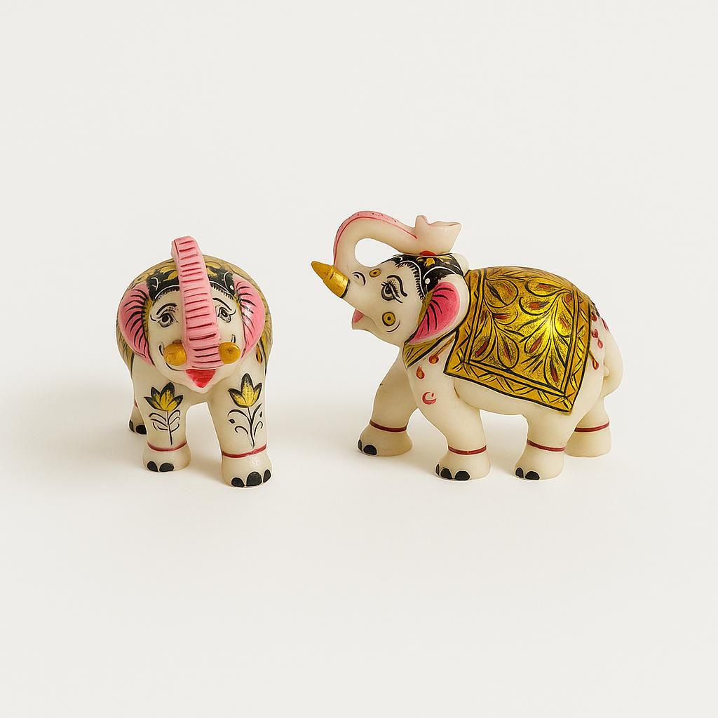 DEHATIBAZAR | Decorative Elephant Figurines Set 3 inch, Hand-Painted Gold and Pink Design, Traditional Indian Style, White Resin, Set of 2