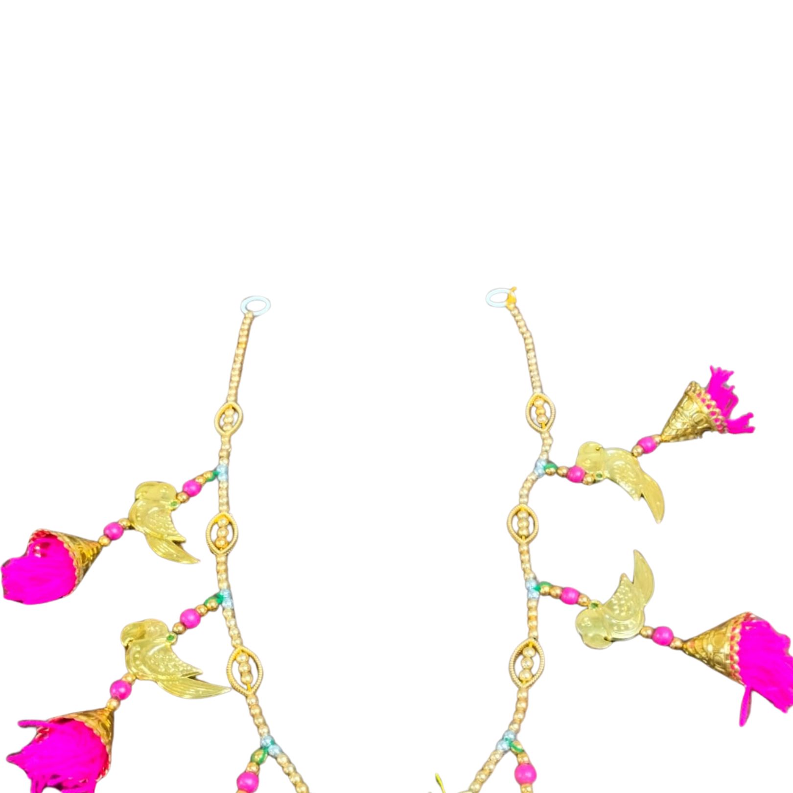 DEHATIBAZAR | Decorative Toran Door Hanging, Gold Bird Design with Pink and Orange Tassels, Traditional Wall Decor