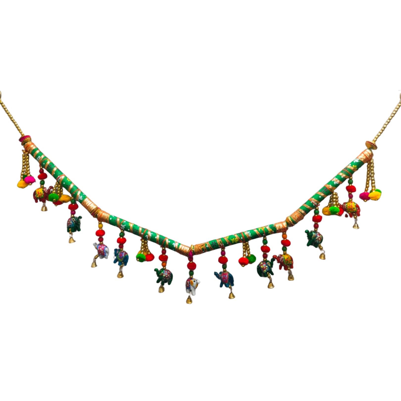 DEHATIBAZAR | Decorative Dandiya Door Hanging Toran, Traditional Indian Style with Elephant Charms and Bells, Green and Multicolour