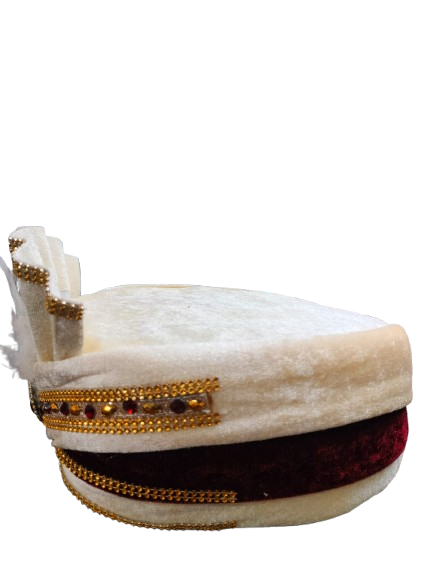 Traditional White Velvet Turban with Gold Trim and White Feather, Indian Wedding Pagdi, Bindayak pagdi for kids