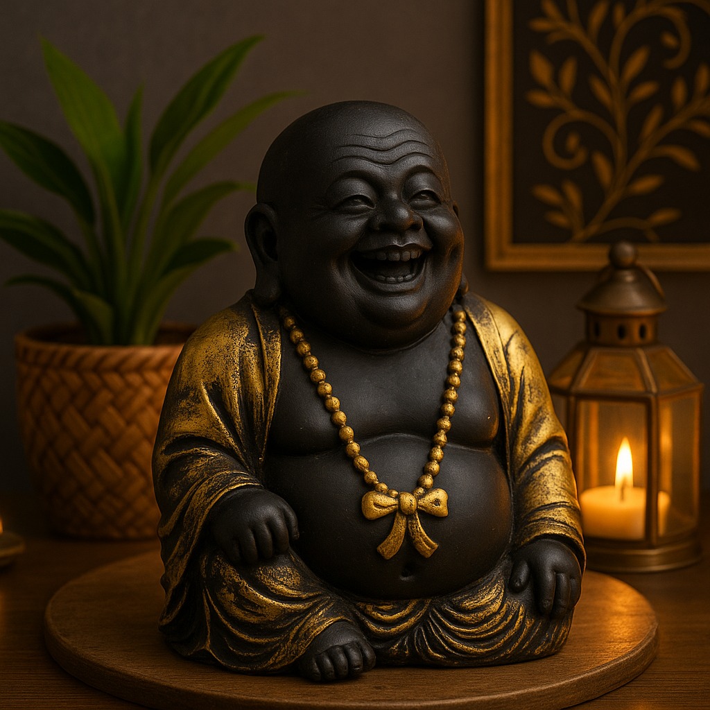 DEHATIBAZAR | Laughing Buddha Statue | Black and Gold | Traditional Decorative Figurine with Beaded Necklace