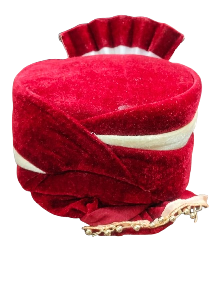 Traditional Maroon Velvet Turban with Gold Trim and White Feather, Indian Wedding Pagdi, Bindayak pagdi for kids