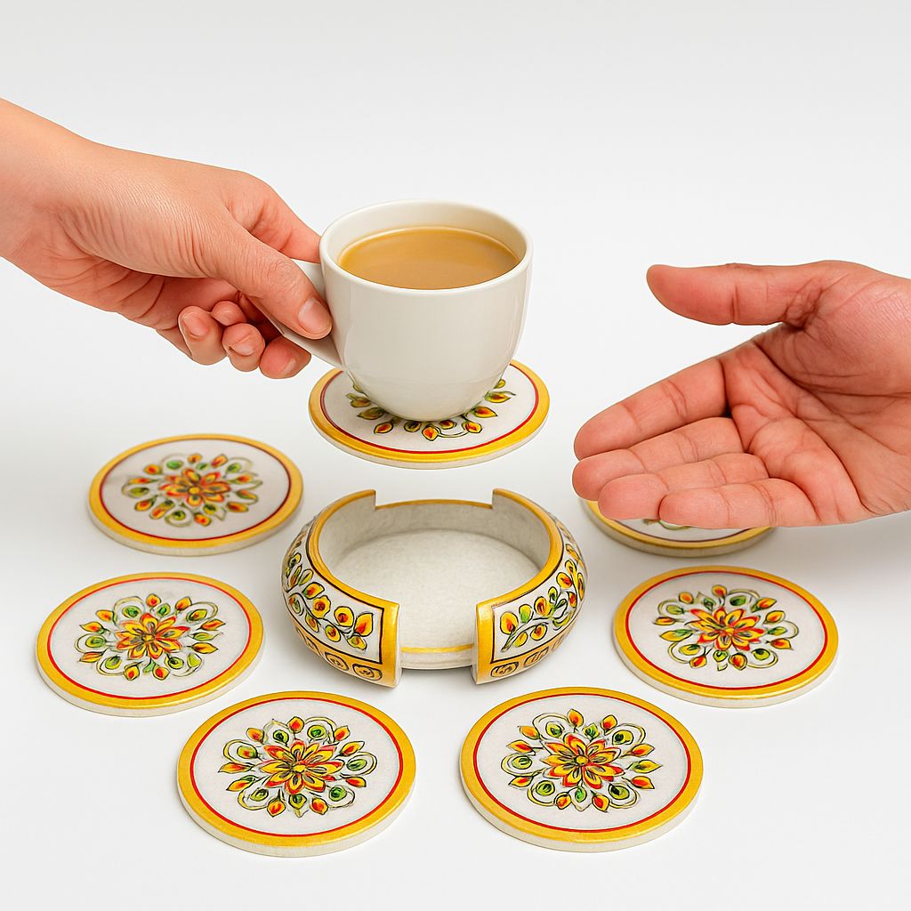 Handcrafted Premium White Marble Tea Coaster Set with Holder (Set of 6) – Traditional Floral Hand-Painted Table Decor