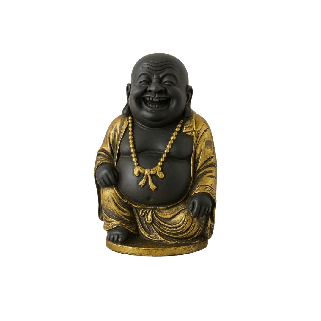 DEHATIBAZAR | Laughing Buddha Statue | Black and Gold | Traditional Decorative Figurine with Beaded Necklace