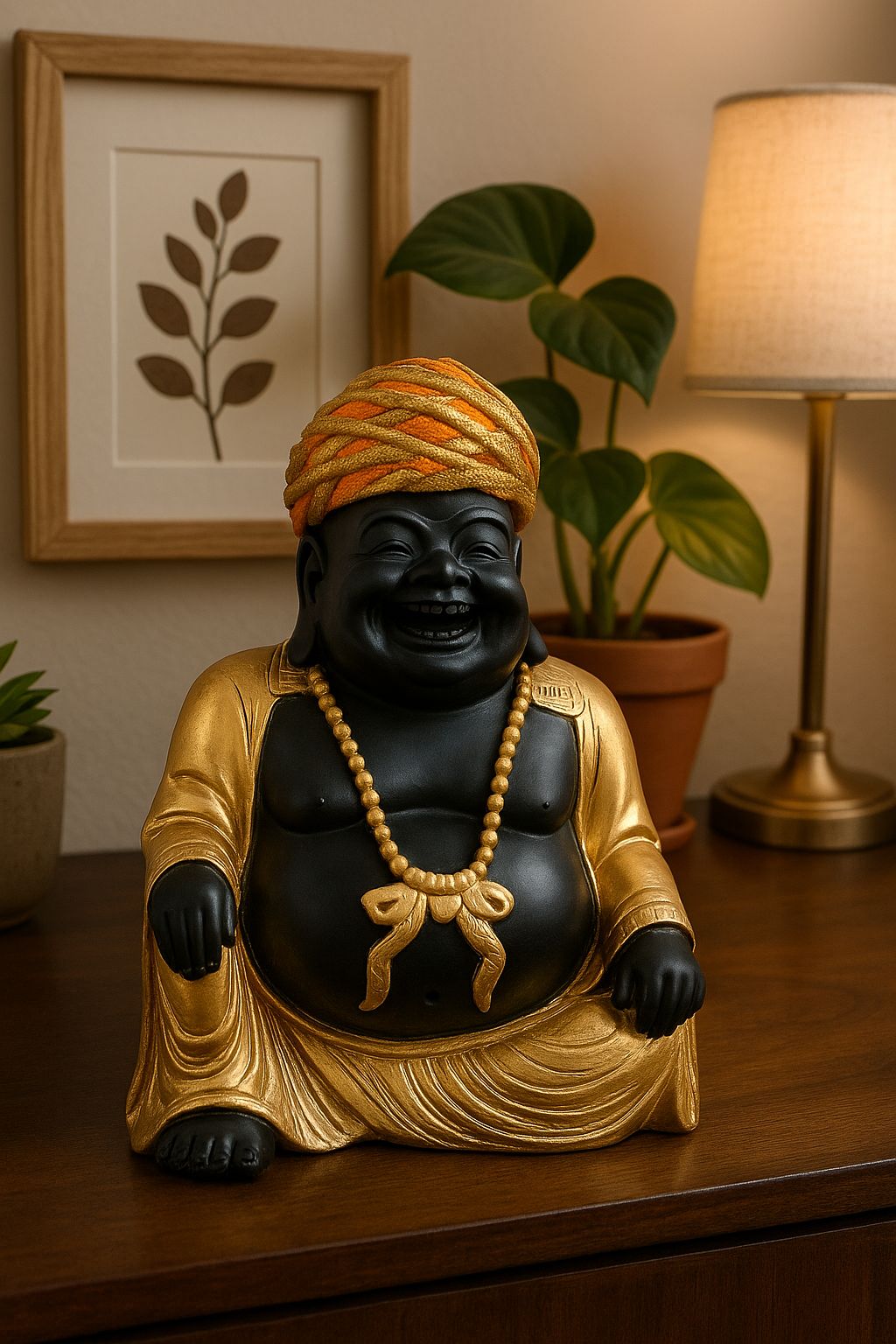 DEHATIBAZAR | Decorative Laughing Buddha Statue 6 inch  with Rajasthani Pagdi, Black and Gold Finish