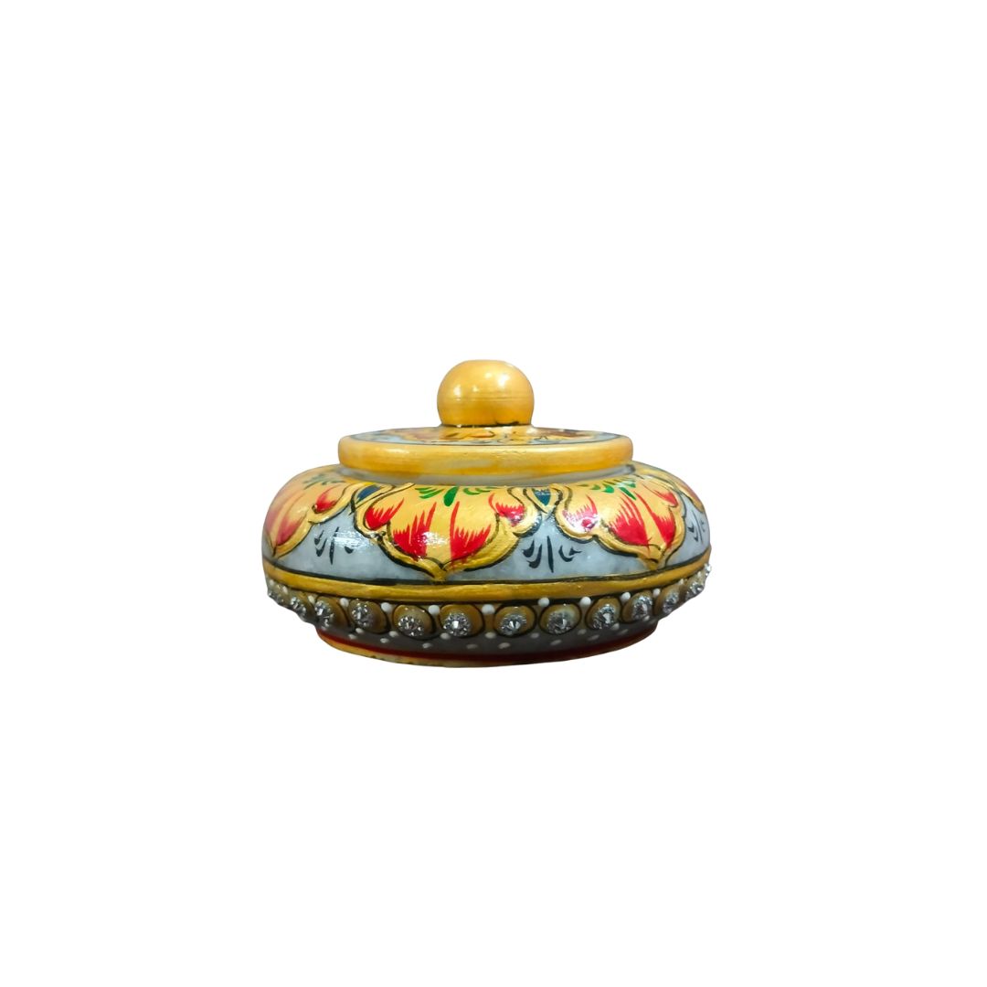 DEHATIBAZAR | Decorative Marble Sindoor Dani with Crystal Accents | Yellow Floral Design, 3 inch