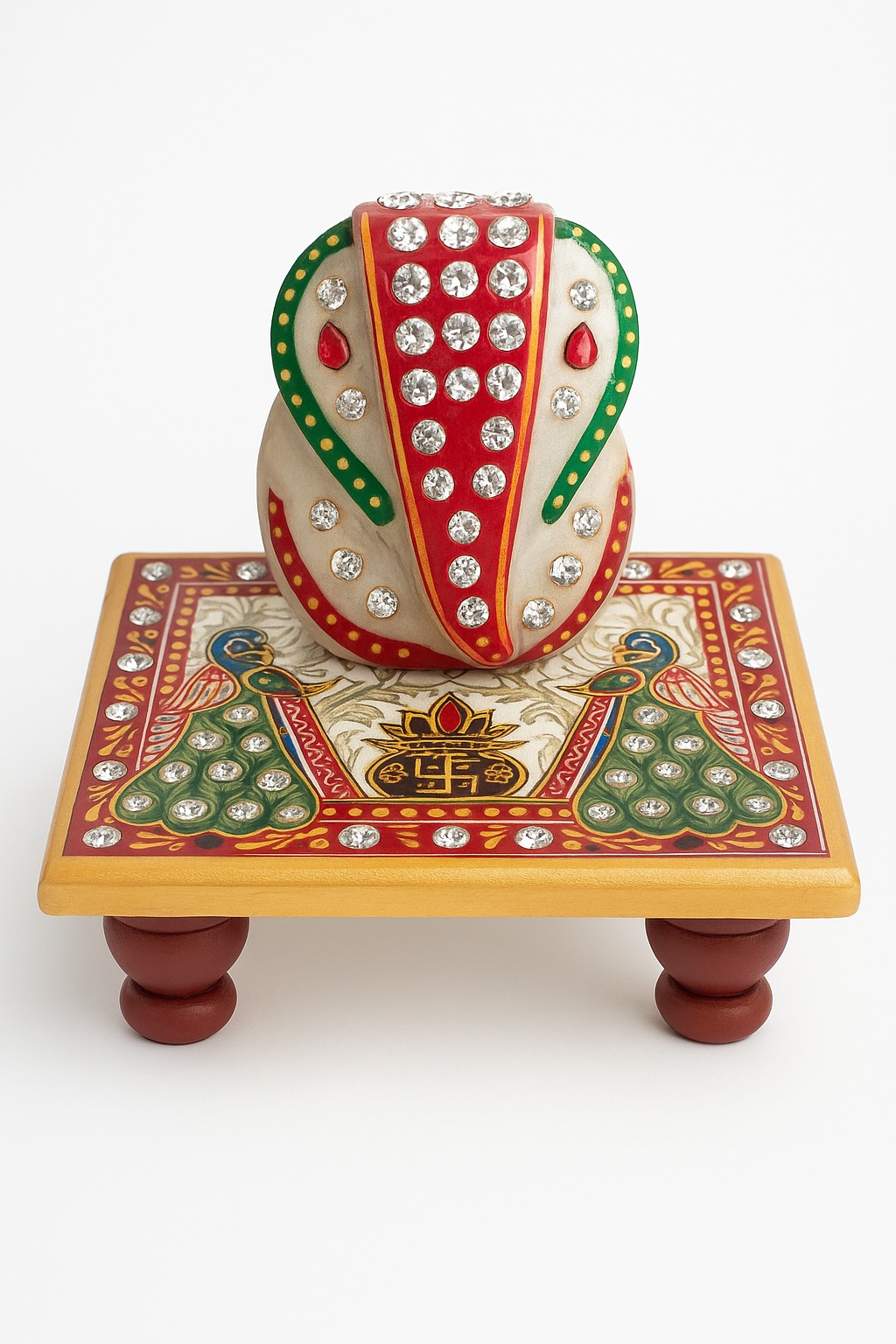 DEHATIBAZAR Decorative Marble Ganesh Chowki 4x4 inch | Set with Traditional Art | Kundan Work | Red and Green Design | Handcrafted