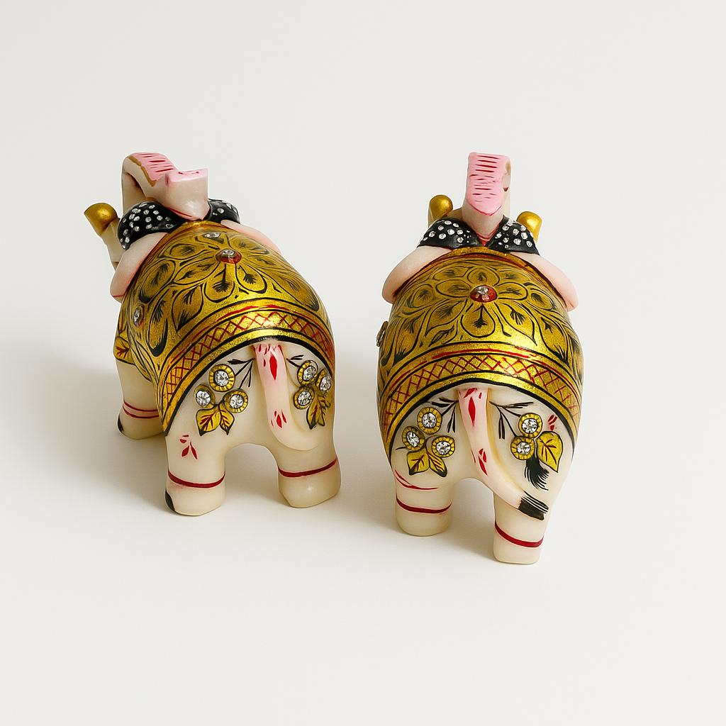 DEHATIBAZAR | Decorative Elephant Figurines Set 3 inch, Hand-Painted Gold and Pink Design, Traditional Indian Style, White Resin, Set of 2