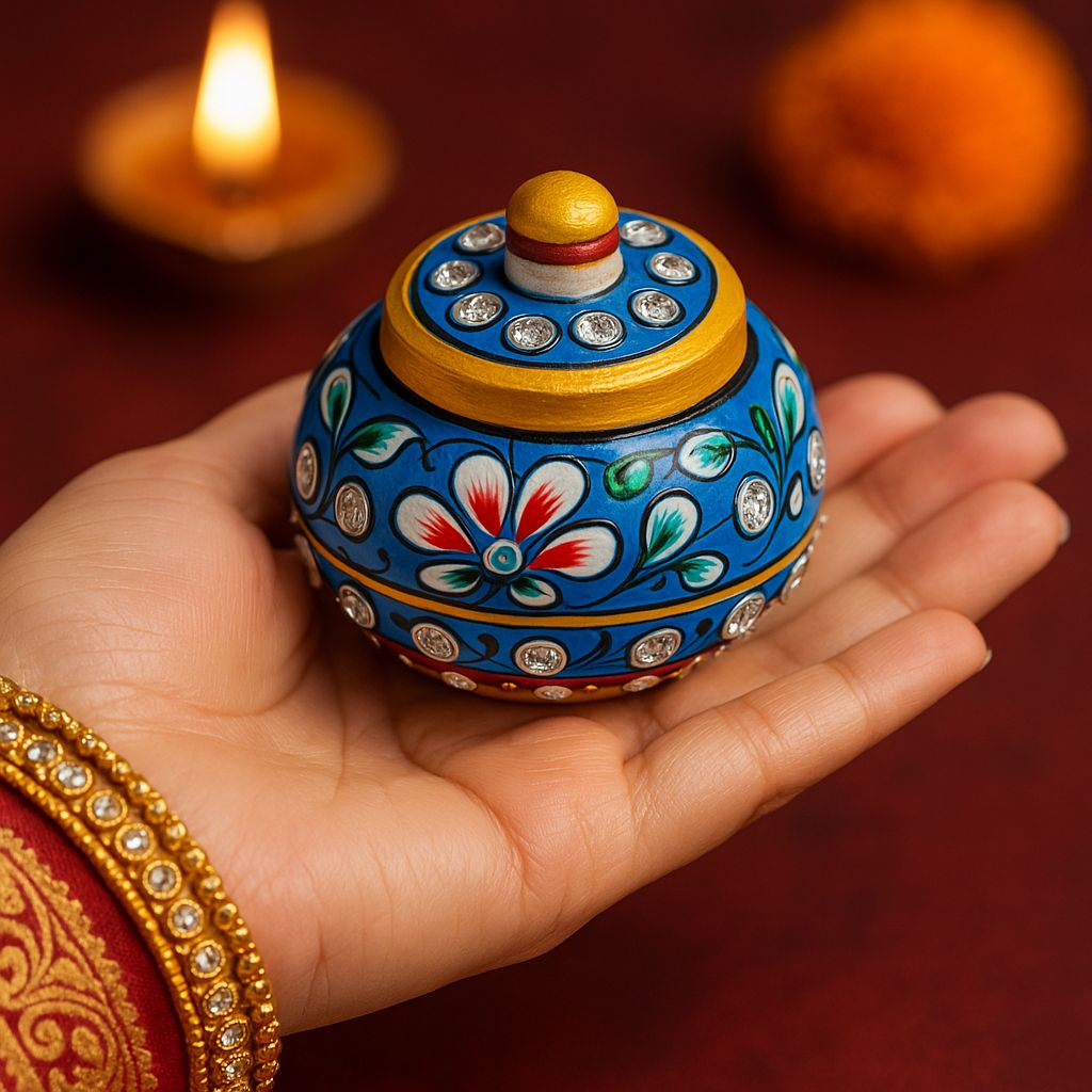 DEHATIBAZAR | Handcrafted Decorative Sindoor Dani, Blue and Gold Floral Design with Crystal Accents | Round 2 inch Trinket Storage Container | Kukum Dabbi