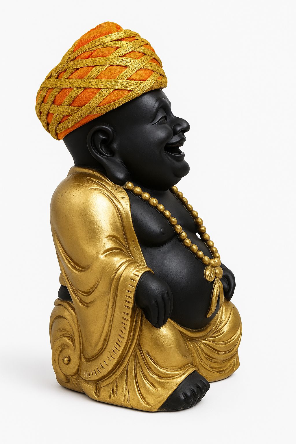 DEHATIBAZAR | Decorative Laughing Buddha Statue 6 inch  with Rajasthani Pagdi, Black and Gold Finish