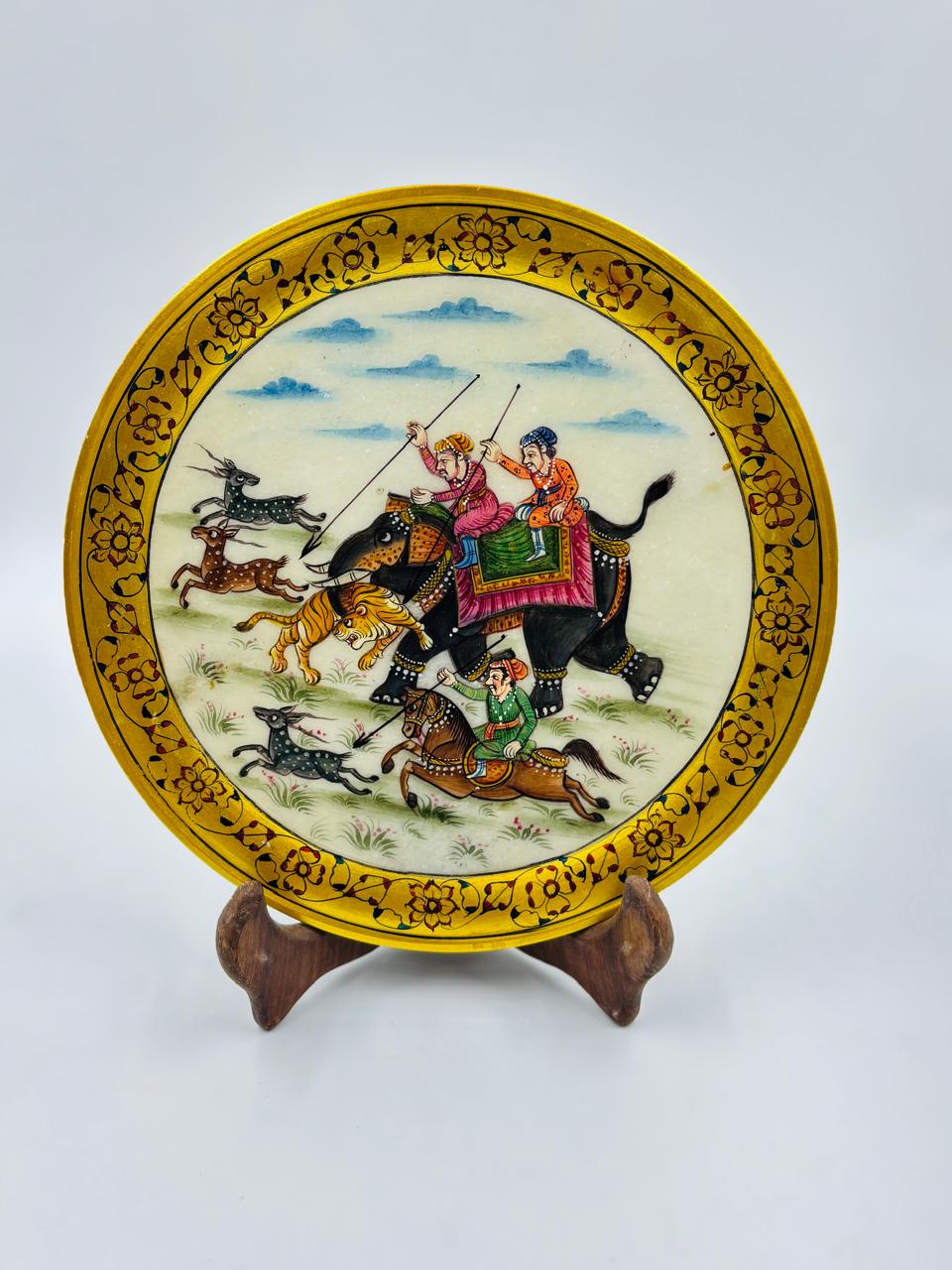 DEHATIBAZAR  | Handpainted Marble 9 inch Plate with Hunting Scene |  Gold Floral Border | Traditional Indian Art | Wooden Stand  Box