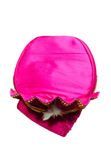 Traditional Pink Velvet Turban with Gold Trim and White Feather, Indian Wedding Pagdi, Bindayak pagdi for kids