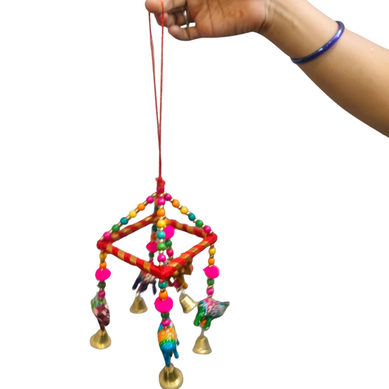 DEHATIBAZAR | Handcrafted Decorative Elephant Wind Chime, Multicolour Beaded Hanging with Brass Bells