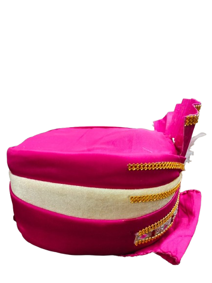 Traditional Pink Velvet Turban with Gold Trim and White Feather, Indian Wedding Pagdi, Bindayak pagdi for kids