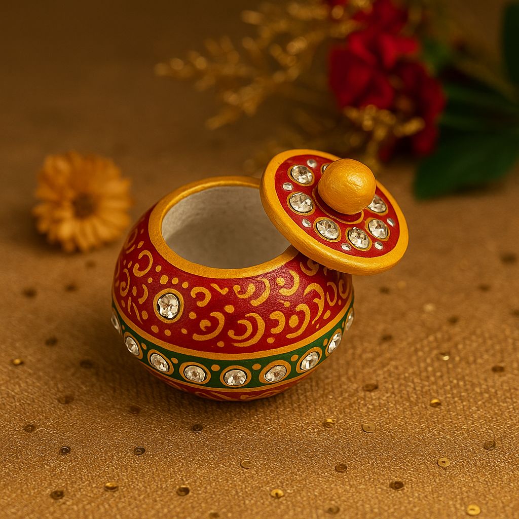 DEHATIBAZAR | Marble Sindoor Dani 2 inch with Lid |  Red and Gold Traditional Design | Hand-Painted Round Storage Container | Kukum Dabbi