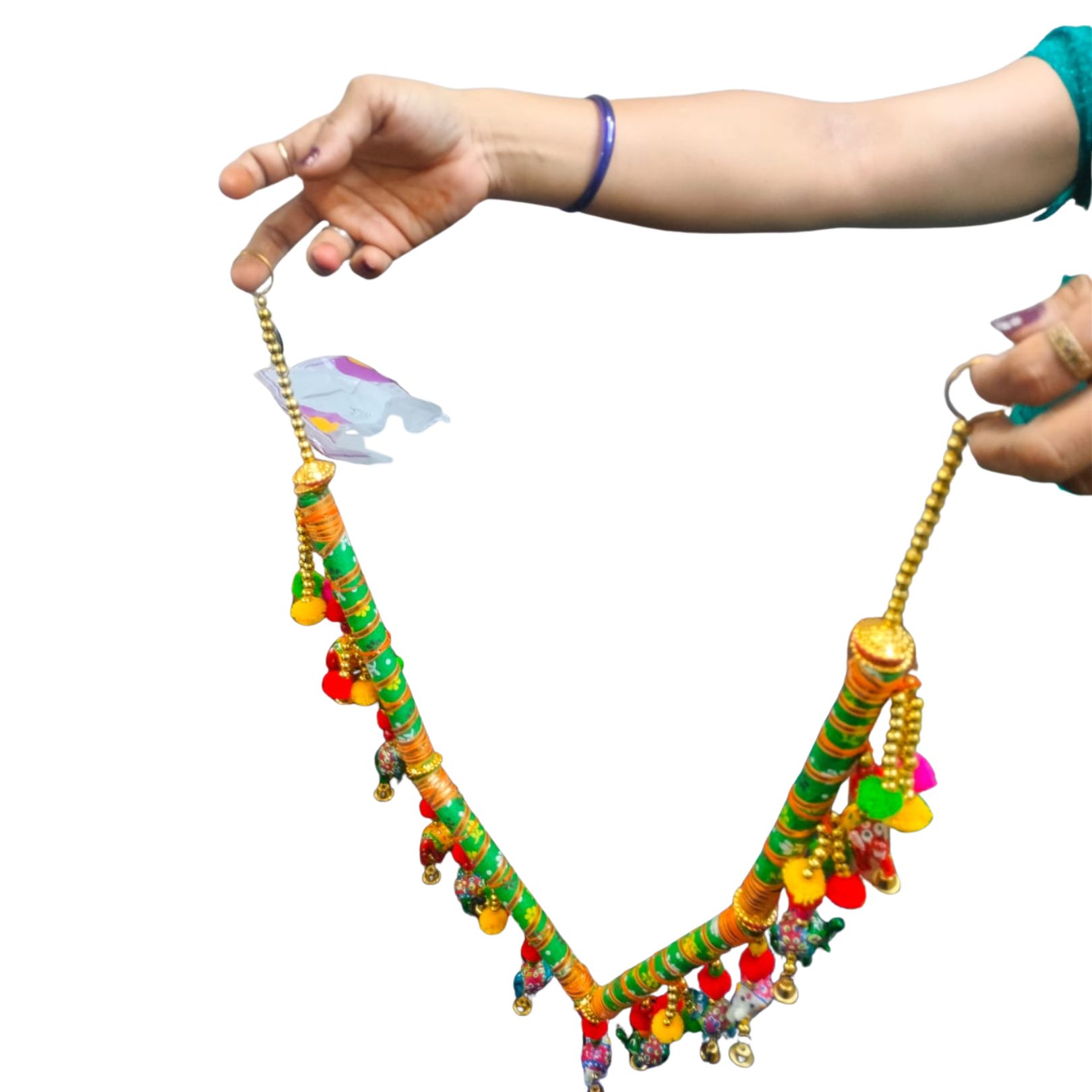 DEHATIBAZAR | Decorative Dandiya Door Hanging Toran, Traditional Indian Style with Elephant Charms and Bells, Green and Multicolour