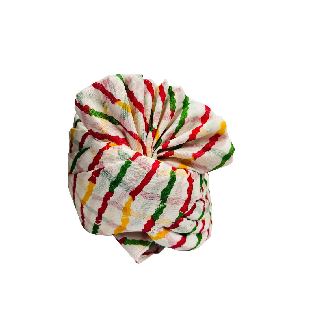 Festive Turban, Traditional Safa Pagdi, White with Red, Green, Yellow Stripes