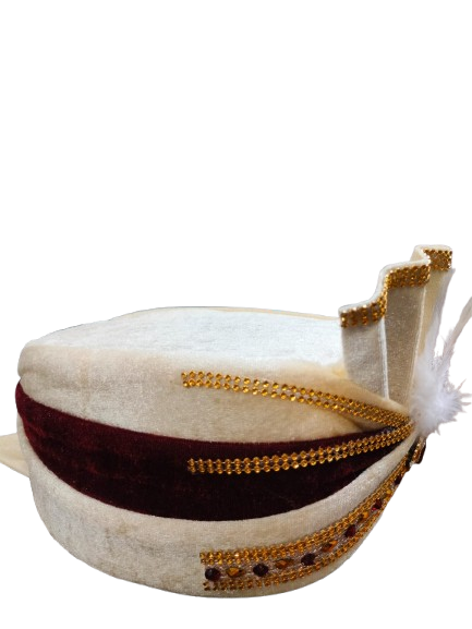 Traditional White Velvet Turban with Gold Trim and White Feather, Indian Wedding Pagdi, Bindayak pagdi for kids