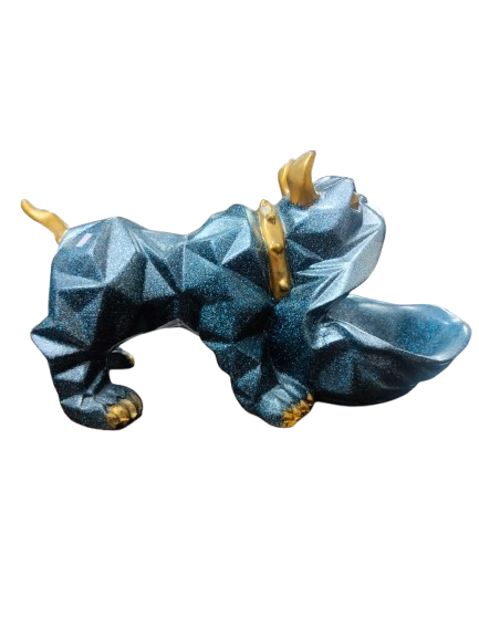 Toffy Dog Decorative Resin Figurine, Metallic Blue with Gold Accents, Geometric Design