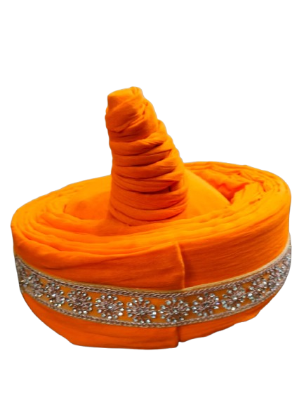 Traditional Bajeerao Pagdi, Orange Velvet with Silver Border, Wedding Turban