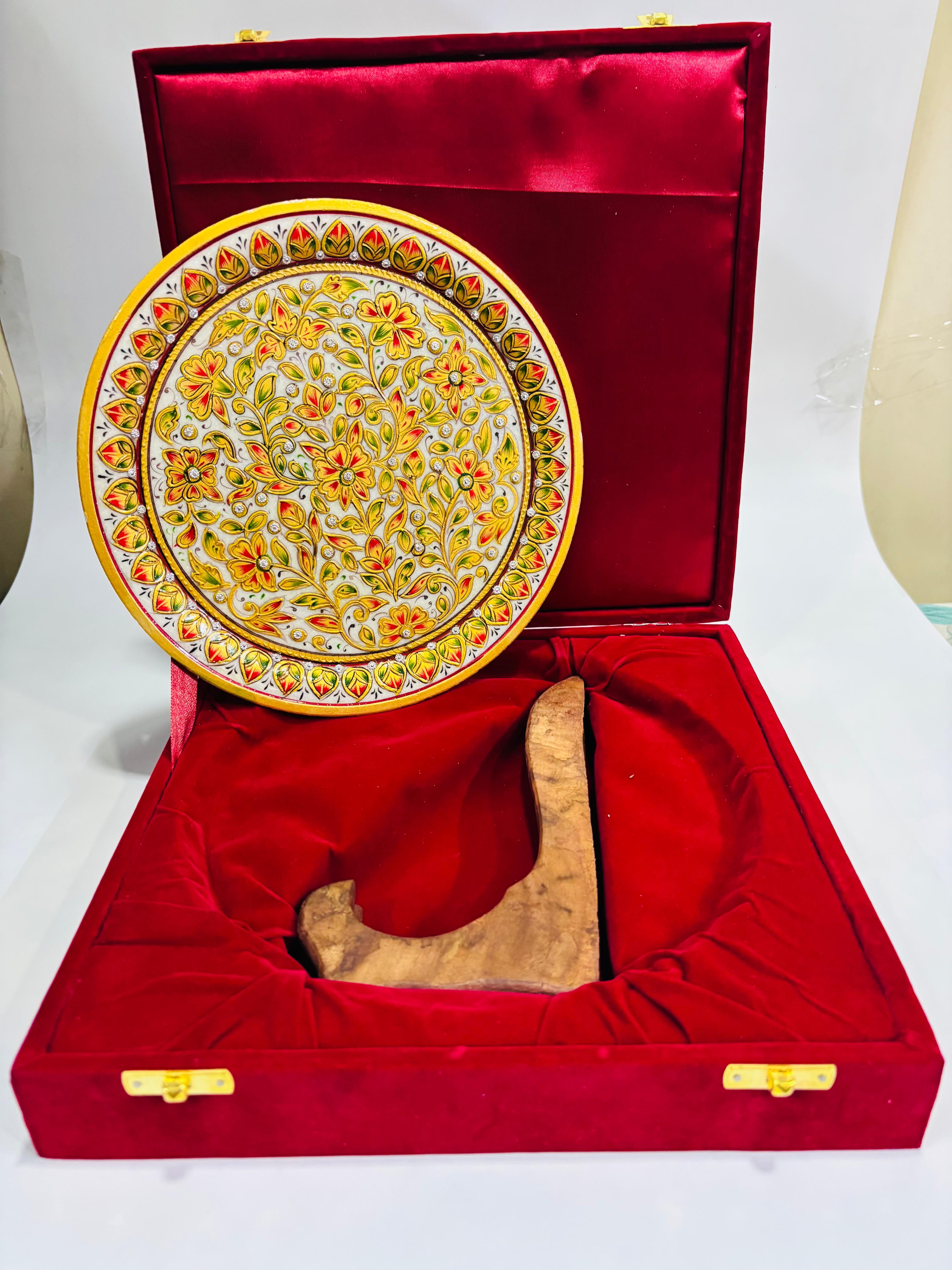 DEHATIBAZAR | Handcrafted Decorative Marble Plate with Floral Design | Gold and Red Pattern | Traditional Wall Art with Display Stand and packed in Velvet Box