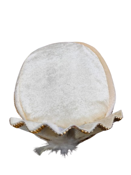 Traditional White Velvet Turban with Gold Trim and White Feather, Indian Wedding Pagdi, Bindayak pagdi for kids