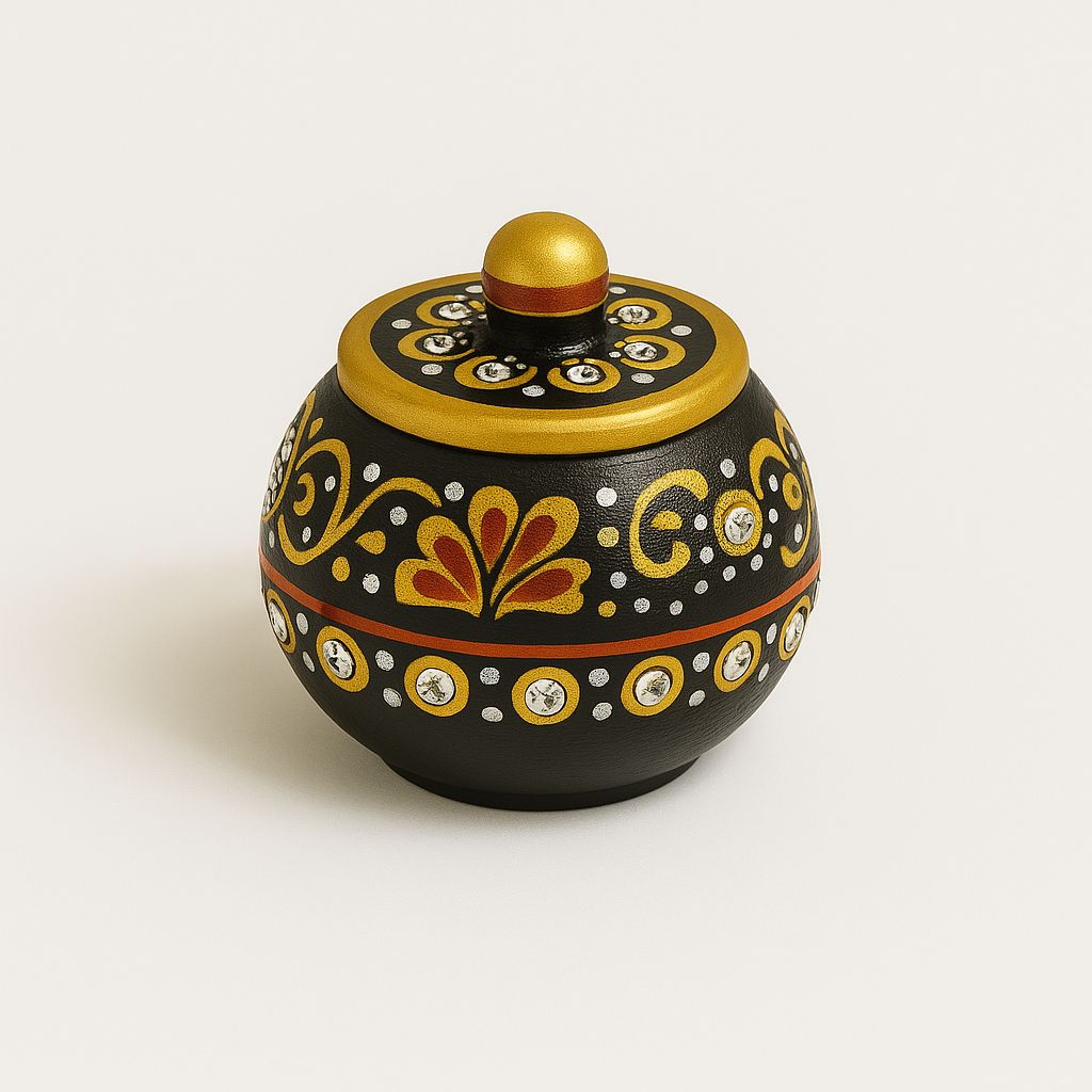 DEHATIBAZAR |Handcrafted Decorative Round Sindoor Dani | Black with Gold and Orange Folk Art Pattern | 2 inch Marble Trinket Container with Lid | Kukum Dabbi