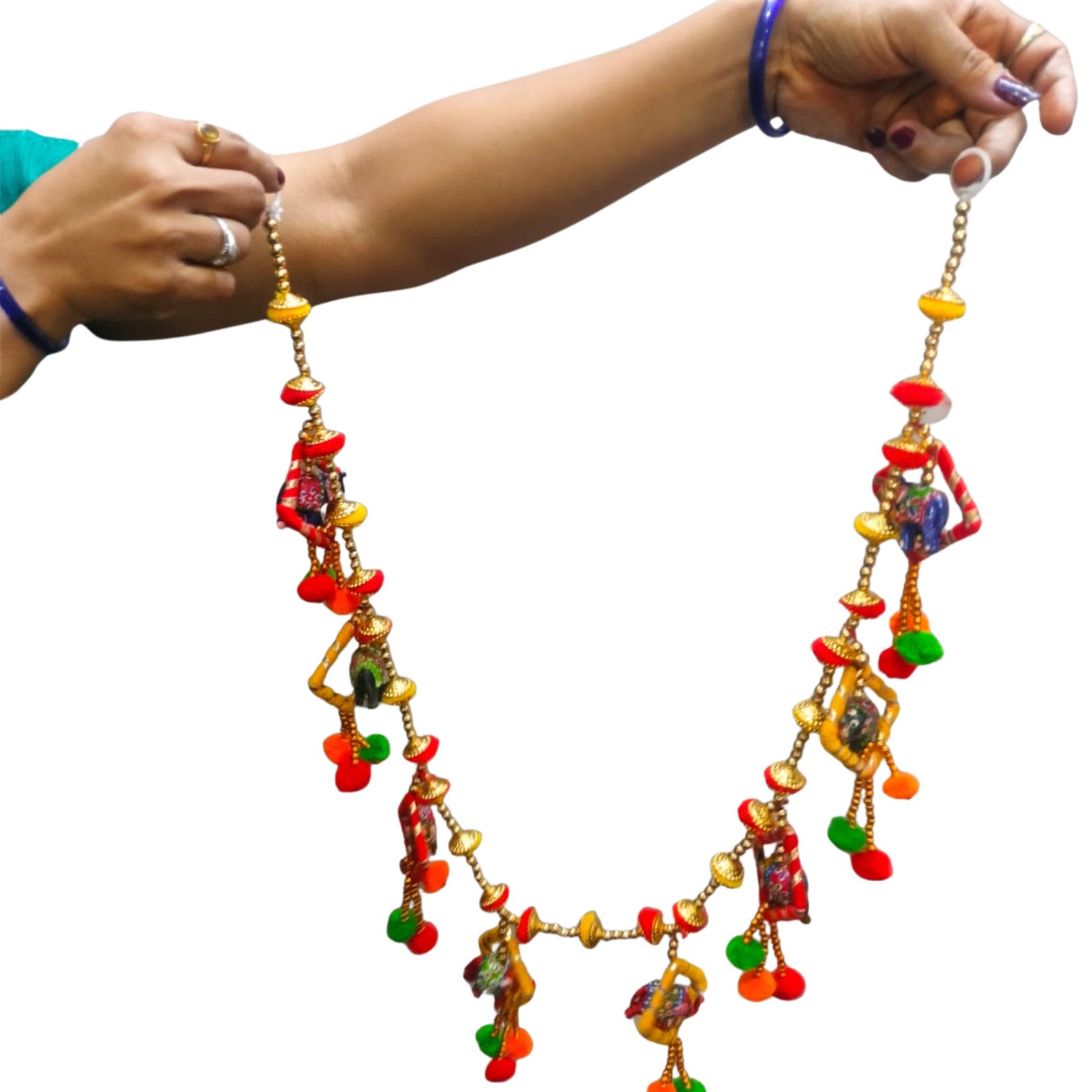 DEHATIBAZAR | Traditional Gold-Plated Om Toran with Pink Tassels, Brass Bells Hanging, Decorative Door Hanging