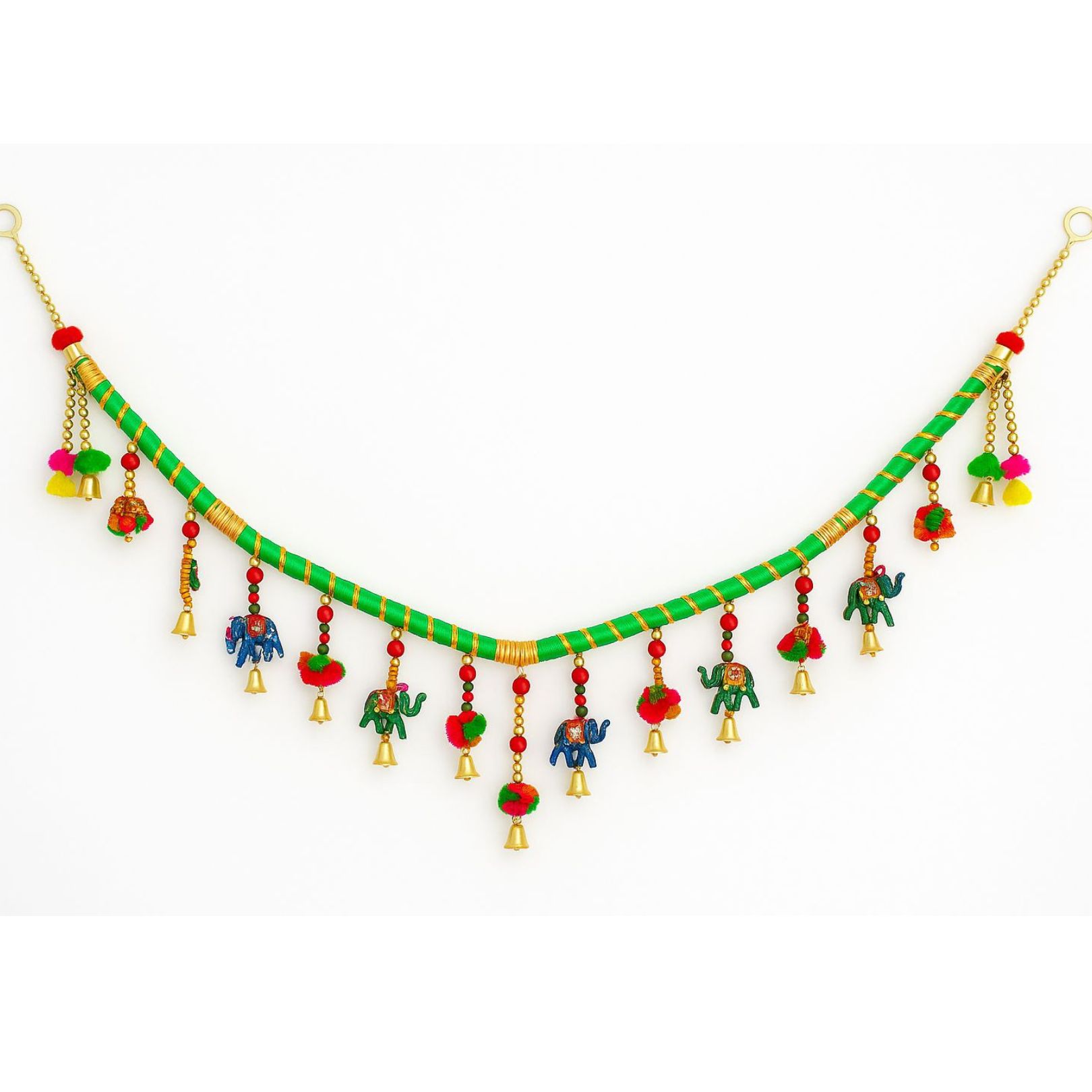 DEHATIBAZAR | Decorative Dandiya Door Hanging Toran, Traditional Indian Style with Elephant Charms and Bells, Green and Multicolour