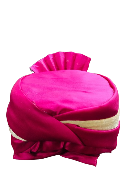 Traditional Pink Velvet Turban with Gold Trim and White Feather, Indian Wedding Pagdi, Bindayak pagdi for kids