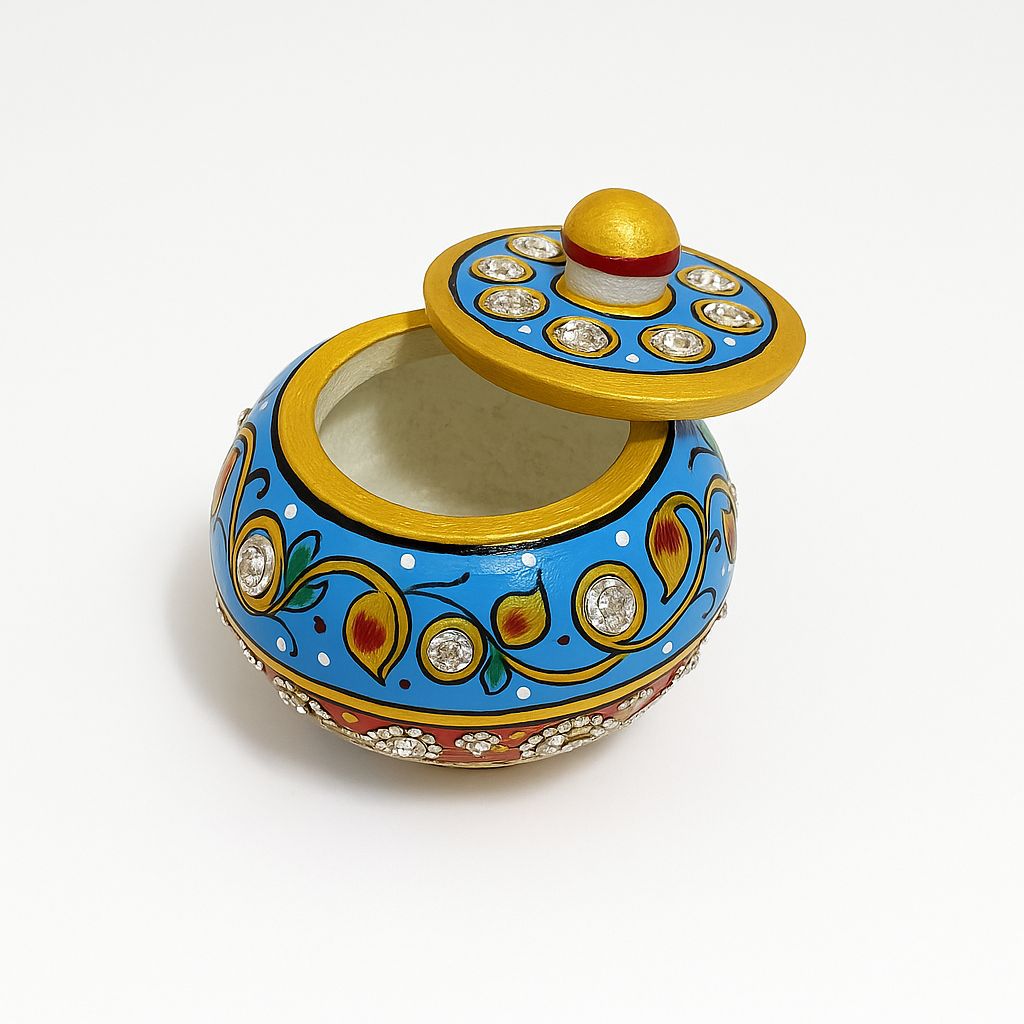 DEHATIBAZAR | Handcrafted Decorative Sindoor Dani, Blue and Gold Floral Design with Crystal Accents | Round 2 inch Trinket Storage Container | Kukum Dabbi