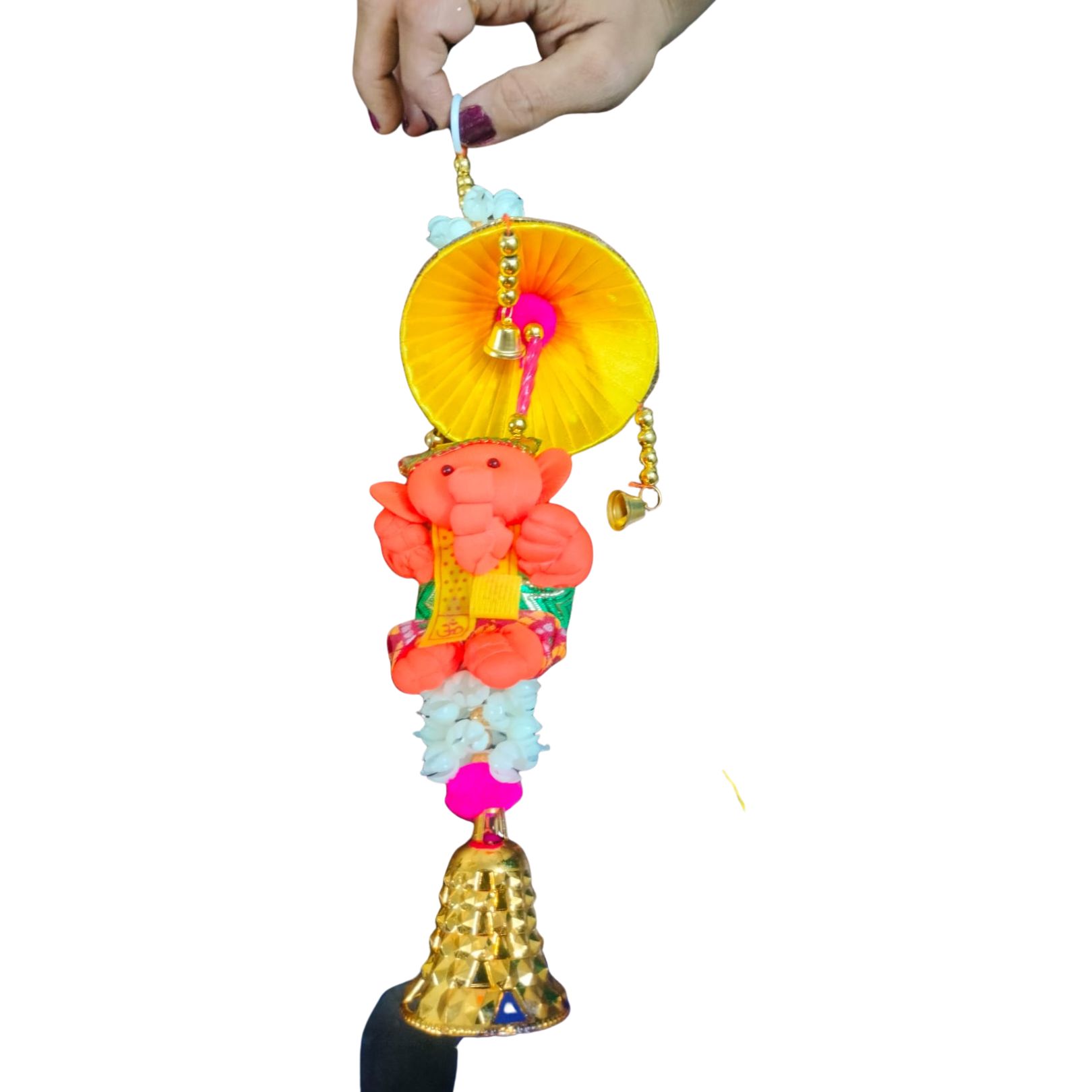 DEHATIBAZAR | Decorative Ganesha Wall Hanging, Yellow Umbrella Design with Bells, Traditional Indian Home Decor