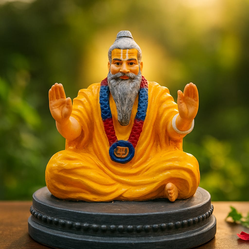 DEHATIBAZAR | Premanand ji Decorative Resin | Spiritual Guru Statue in Yellow Robe 4 inch |  Traditional Hindu Religious | Figurine with Sanskrit Base