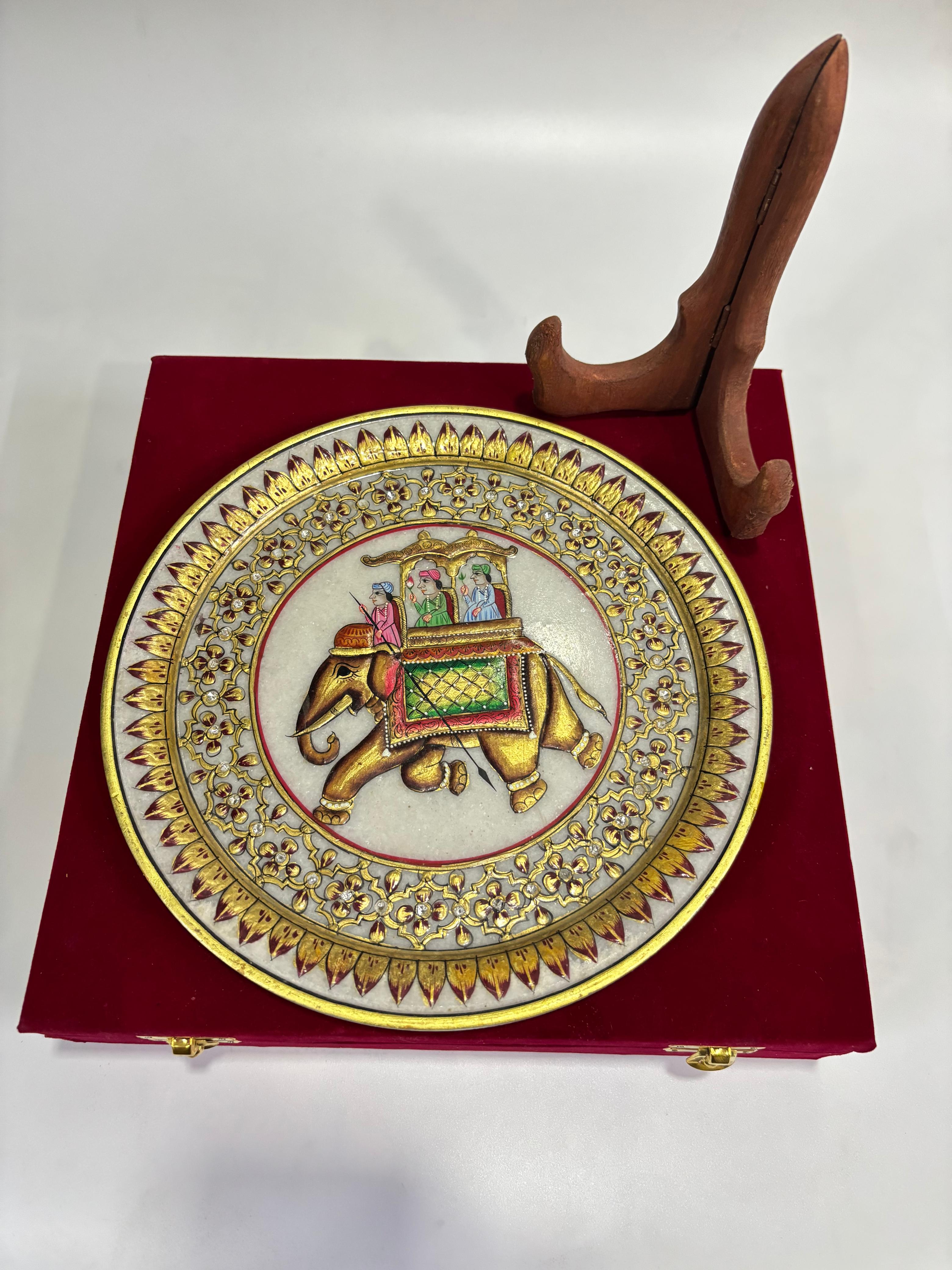 DEHATIBAZAR | Decorative Marble Plate 9" with Elephant Design | Hand-Painted | with Wooden Stand and packed in Velvet Box