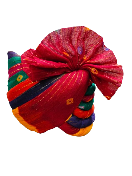 Traditional Multicoloured Turban, Wedding Pagri with Bow, Red Base with Navy, Green, Orange Stripes