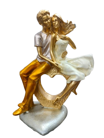 Romantic Couple Figurine, Gold and Silver Metallic Finish, Heart Base Sculpture, Home Decor