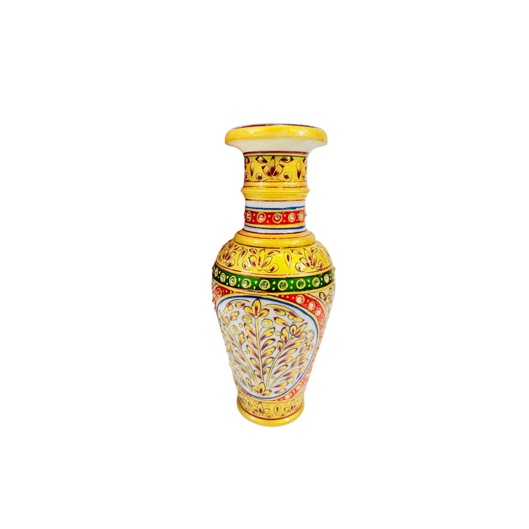 DEHATIBAZAR | Decorative Marble Vase 9 inch with Floral Design | Red and Gold Pattern | Velvet Gift Box