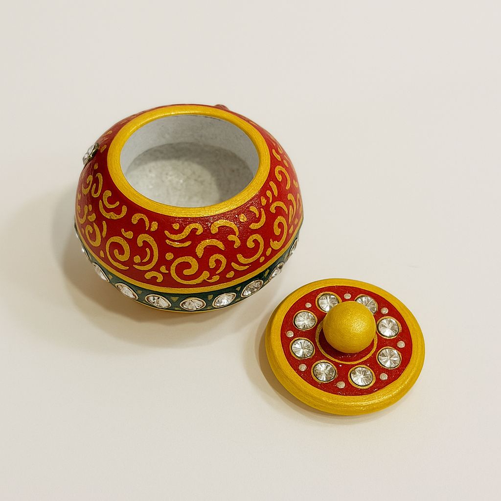 DEHATIBAZAR | Marble Sindoor Dani 2 inch with Lid |  Red and Gold Traditional Design | Hand-Painted Round Storage Container | Kukum Dabbi