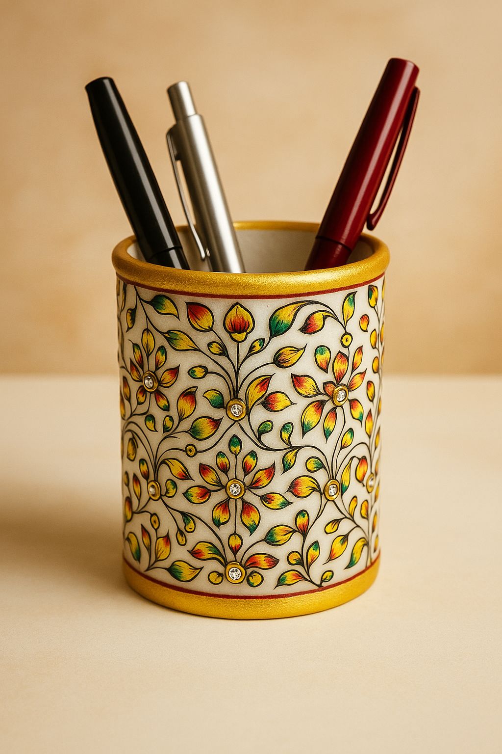 DEHATIBAZAR | Decorative Marble Pen Holder 10 cm | White with Gold Trim | Hand-Painted Floral Design | Crystal Accents