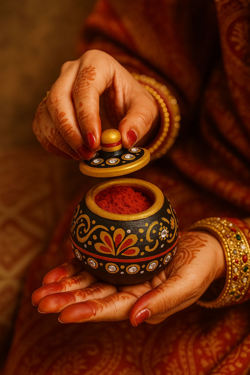 DEHATIBAZAR |Handcrafted Decorative Round Sindoor Dani | Black with Gold and Orange Folk Art Pattern | 2 inch Marble Trinket Container with Lid | Kukum Dabbi