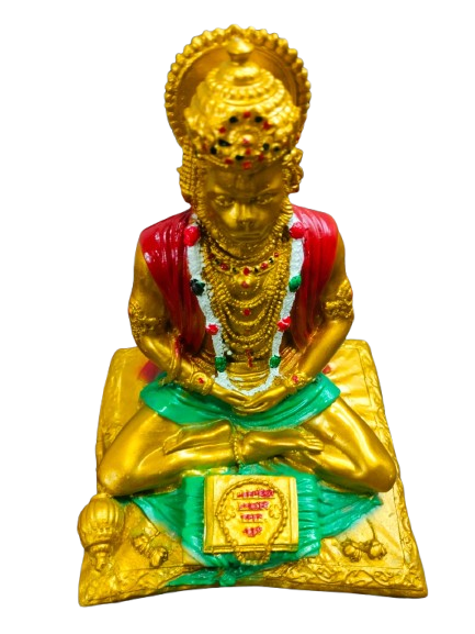 Decorative Hindu Deity  Hanuman Statue, Gold-Plated Finish, Red and Green Accents, Traditional Seated Pose, Pothy Hanuman
