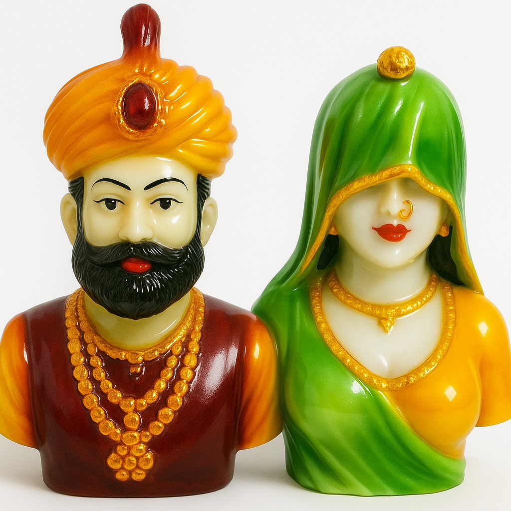 DEHATIBAZAR |Traditional Indian Decorative Couple Figurine Set | Royal Rajasthani Style | Handcrafted Resin Busts | Yellow and Green