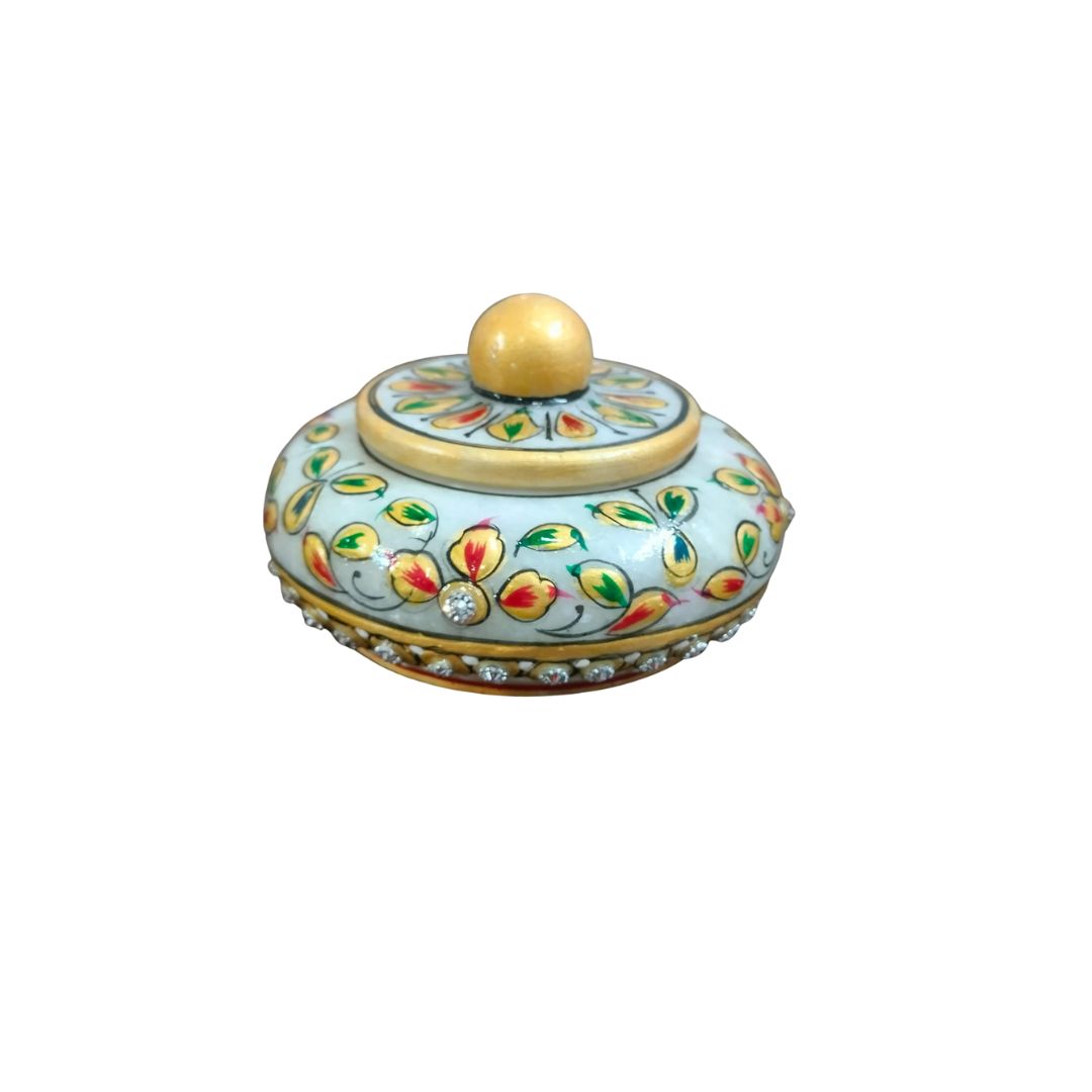 DEHATIBAZAR | Decorative Marble Sindoor Dani with Floral Design | Gold Accents and Crystal Embellishments. 3 inch