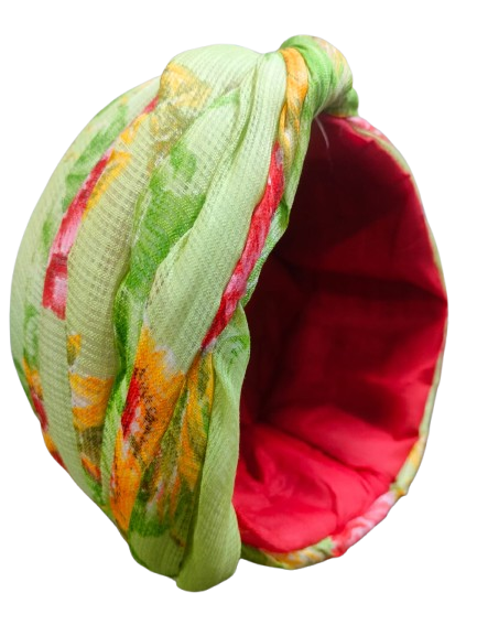 Floral Print Pagdi, Light Green with Pink and Yellow Flowers, Traditional Indian Style Turban