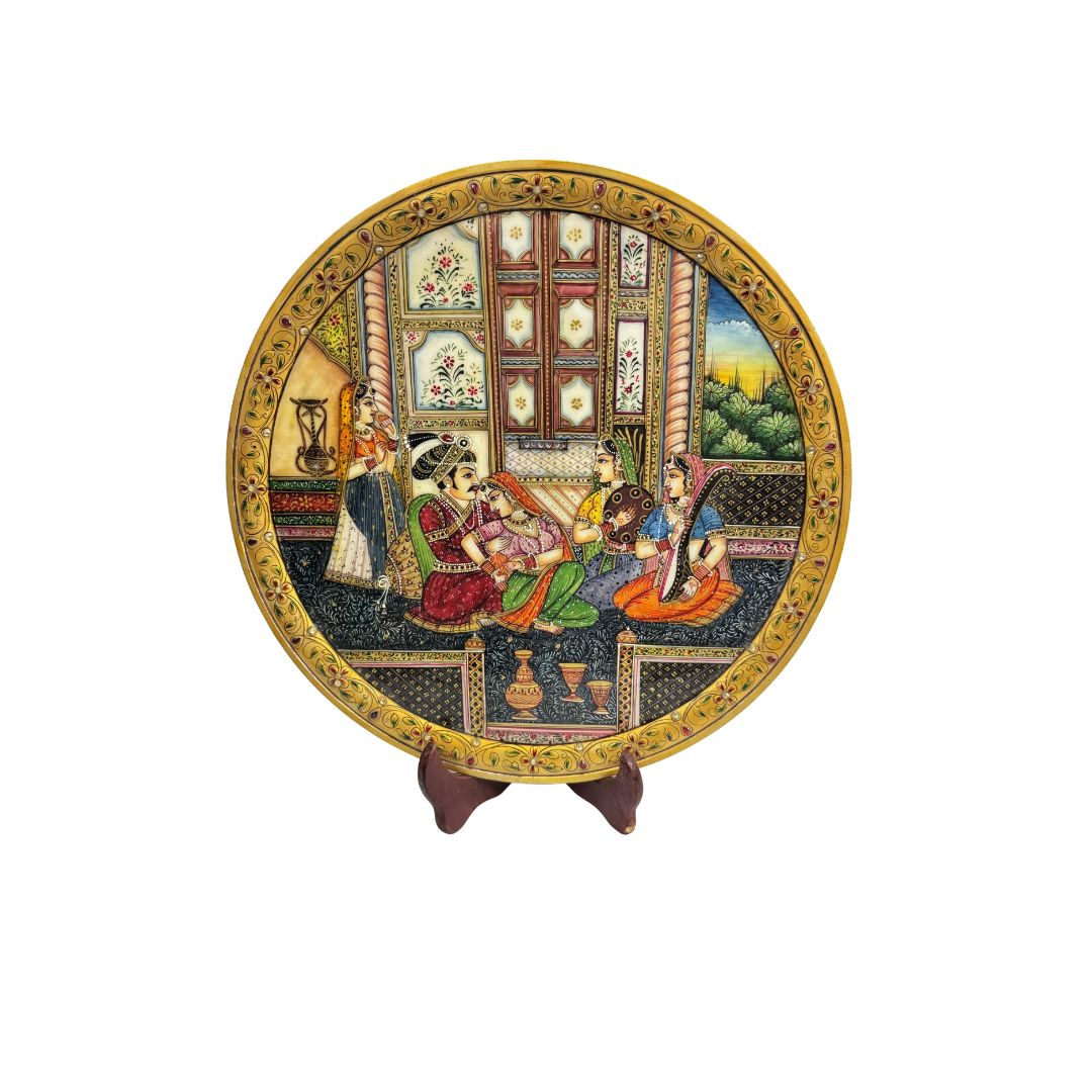 DEHATIBAZAR | Mughal Harem Scene on 15 Inch Marble Plate with wooden stand | Hand-Painted Traditional Indian Art | Decorative Piece | Perfect for Home, Office & Gifting