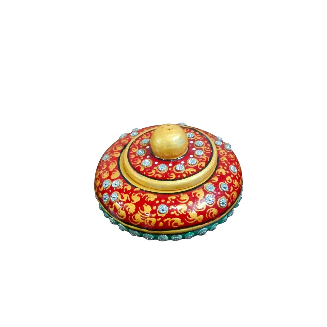 DEHATIBAZAR | Decorative Marble Sindoor Dani with Crystal Embellishments | Red and Gold Traditional Design, 3 inch