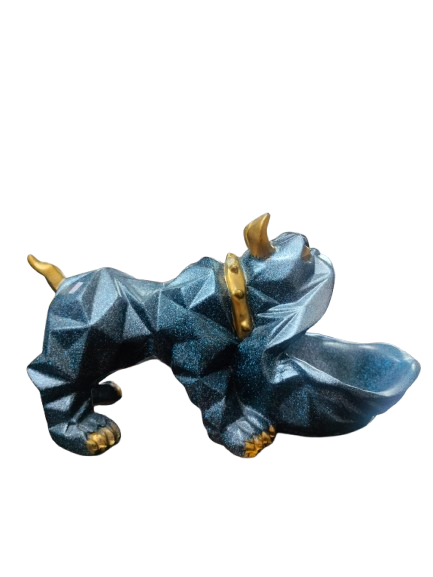 Toffy Dog Decorative Resin Figurine, Metallic Blue with Gold Accents, Geometric Design